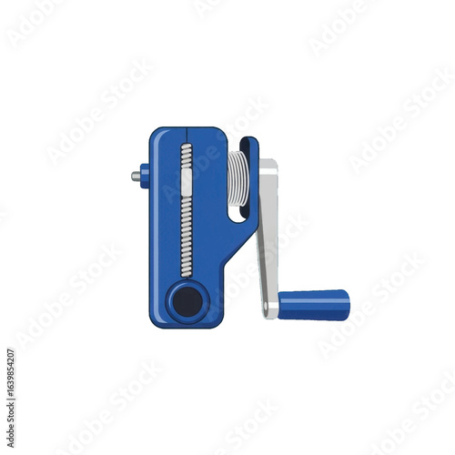 A blue and silver hand-cranked pencil sharpener with a cylindrical handle, isolated on a white background.