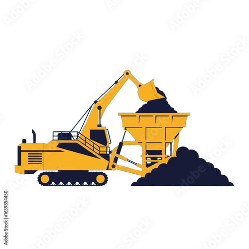A yellow excavator loading dark material into a large yellow hopper, isolated on white.