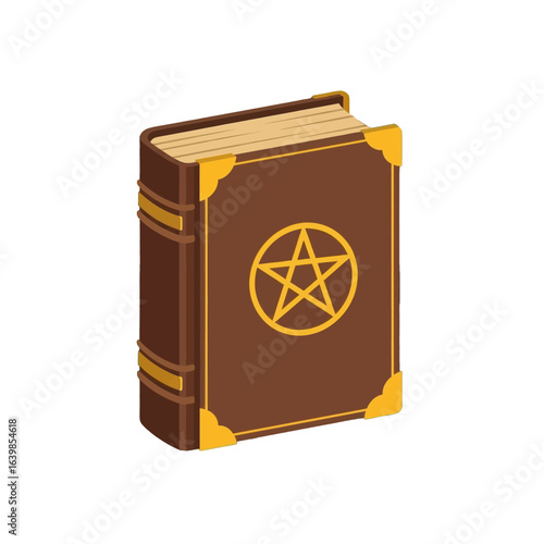 Ancient leather-bound book, pentagram symbol, magic spellbook, occult lore.