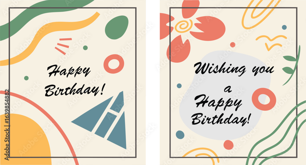 Naklejka premium Happy Birthday Greeting Card Layout. abstract vector illustration of two colorful birthday greeting cards on a neutral background.
