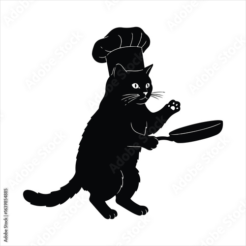 Black cat wearing a chef hat and holding a frying pan silhouette