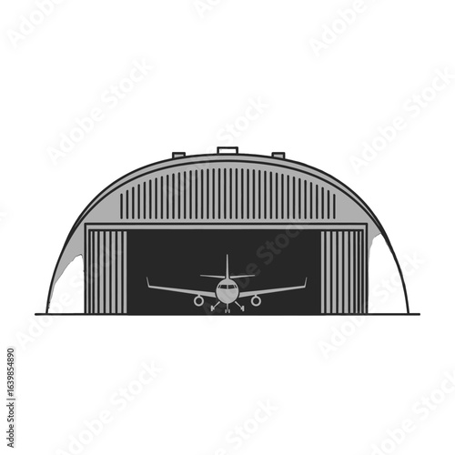 A modern aircraft hangar with a passenger jet airplane parked inside, showcasing aviation infrastructure and transportation.
