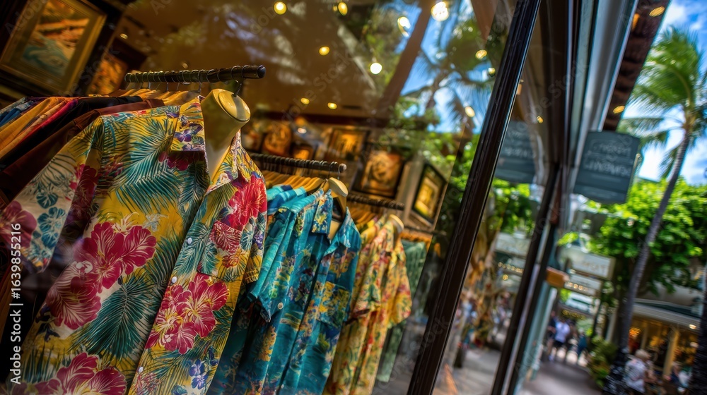 Fototapeta premium Colorful Hawaiian shirts are displayed in a shop window, reflecting a lively street with palm trees and bright outdoor lighting