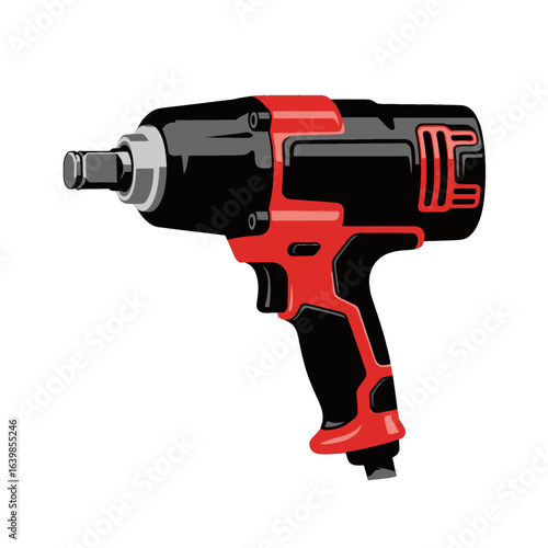 A professional illustration of a powerful black and red impact wrench, a heavy-duty power tool for automotive and construction tasks.