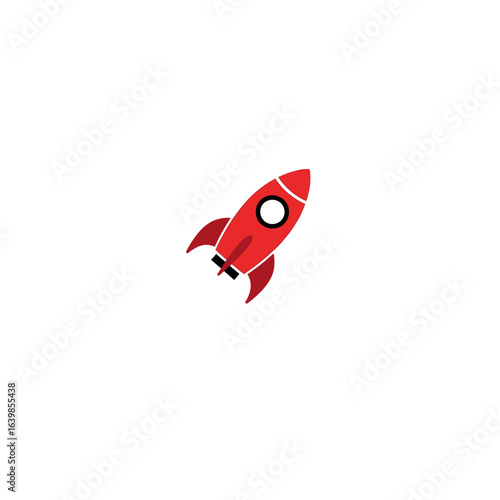 A simple red cartoon-style rocket with a white window and black fins depicted on a clean white background.