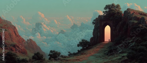 Fototapeta Naklejka Na Ścianę i Meble -  Enigmatic portal amid vibrant mountain landscape