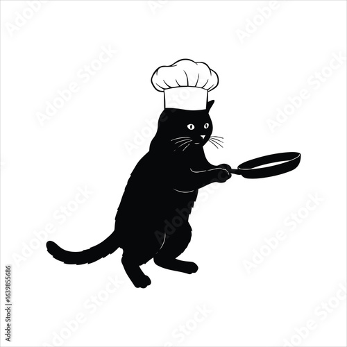 Black cat wearing a chef hat and holding a frying pan silhouette