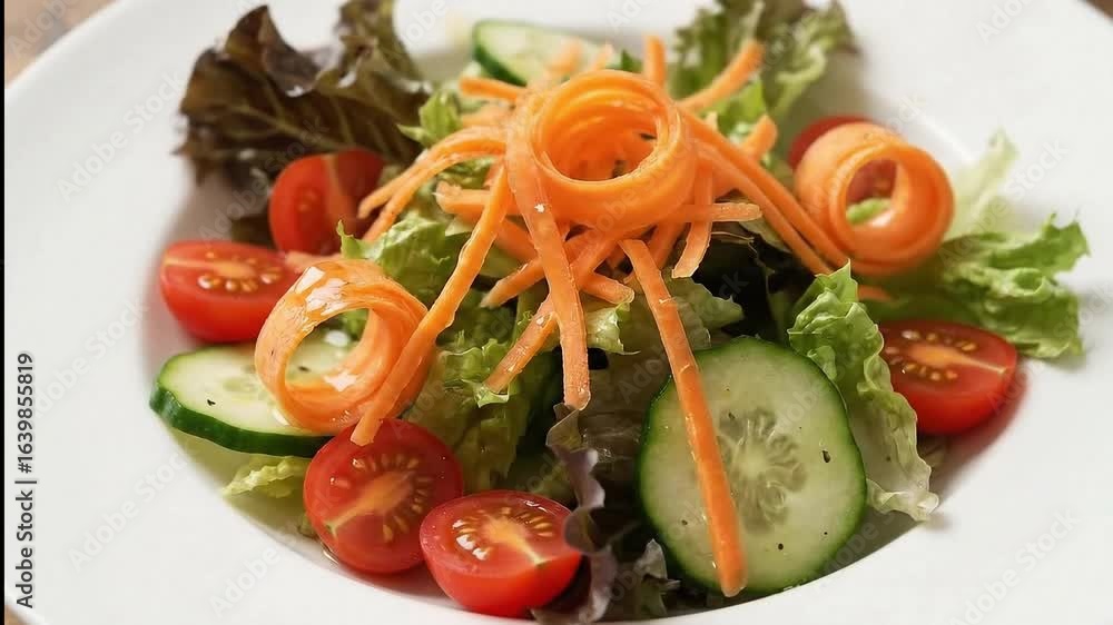 Salad on plate lettuce carrot curls tomato halves cucumber slices Focus is on the food arrangement Salad on plate lettuce carrot curls tomato halves cucumber slices Focus is on the food arrangement