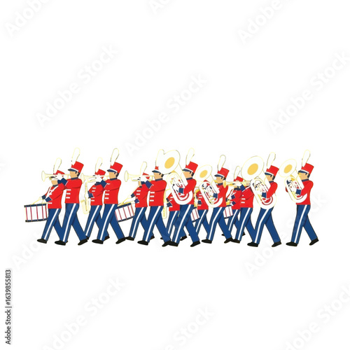 An illustration of a marching band in red and blue uniforms playing brass and percussion instruments.