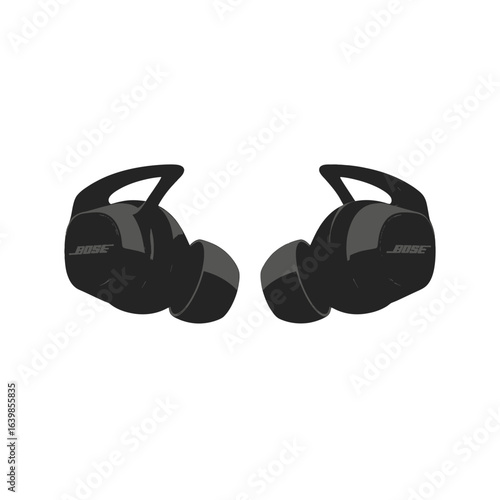 A pair of black wireless sport earbuds with secure-fit wingtips on a white background.