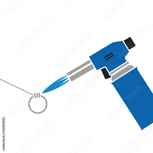 A blue butane torch with a flame heating a small metal ring on a wire.