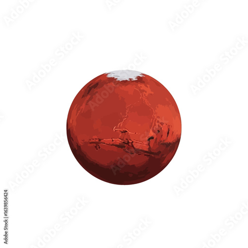 A detailed illustration of the planet Mars, showing its reddish surface and polar ice caps.