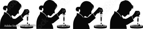 Scientist Dropping Liquid into Petri Dish Silhouette Icon Vector Set – Microbiology and Research