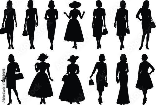 Vintage woman silhouette collection, retro lady fashion poses, elegant dress clipart, 1950s female figure vector, stylish handbag women illustration, classic feminine design