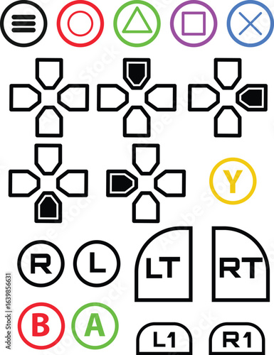 A comprehensive set of vector icons representing classic video game controller buttons, triggers, and directional pads.