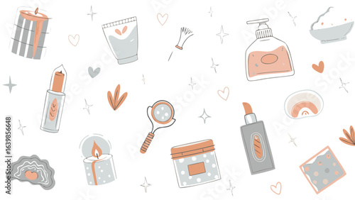 Illustration of beauty and self care products including candles and skincare on a white background with hearts