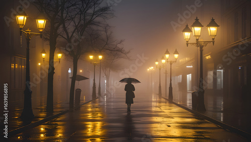 Atmospheric night scene of misty street with warm golden lamp glow