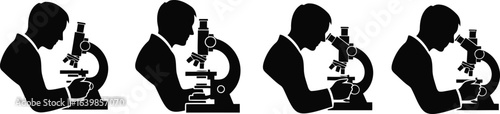 Scientist Looking Through Microscope Silhouette Icon Vector Set – Biology and Research