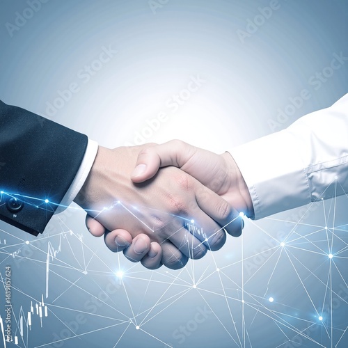 Two professional men in business attire shake hands confidently, set against a dynamic digital network backdrop featuring interconnected lines and nodes.