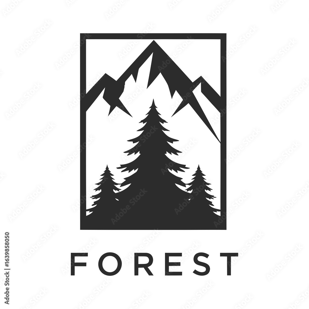 Obraz premium Black and White Forest Logo Featuring Mountains and Evergreen Trees.