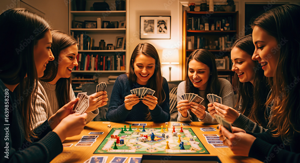 Fototapeta premium Group of young women playing a board game at home. A close-up shot filled with excitement and engagement. Bonding time, fun activity, indoor entertainment.