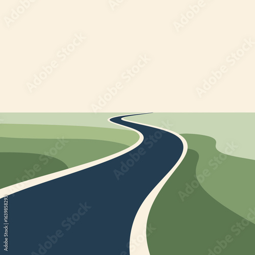 Winding Blue Road Through Green Fields Minimalist Landscape Illustration.