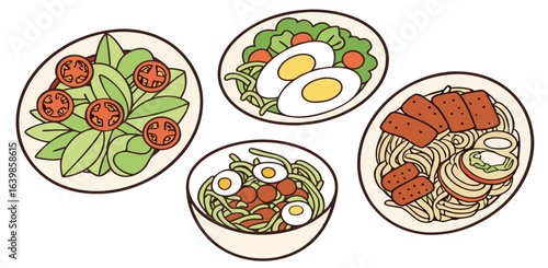Overhead View of Four Healthy Meal Options:  Simple Line Art Style Salads and Noodles with Eggs and Tomatoes.