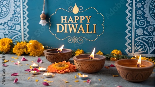 Wallpaper Mural Happy Diwali. Festive Diwali card. Design template with candles, golden lights and lanterns on a colorful blue background, mandala. vector holiday illustration Torontodigital.ca