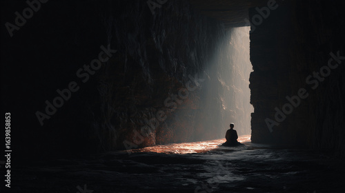 Plato's Allegory of the Cave, showing a prisoner escaping the darkness towards the light of truth.