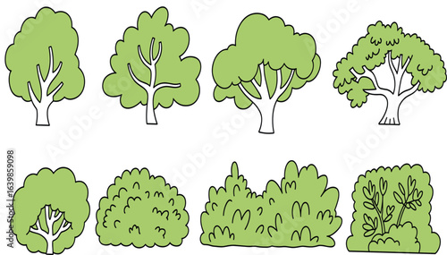 PriCartoon trees and bushes illustration, hand drawn tree collection, green foliage plants, garden shrubbery clipart, nature landscape elements, eco-friendly graphicsnt