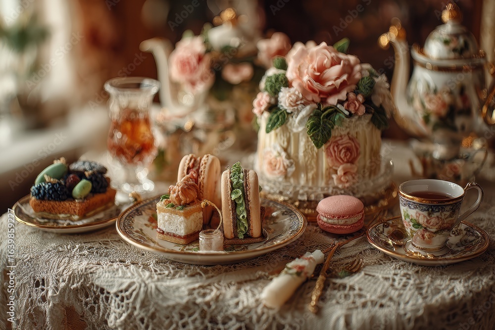 Afternoon tea presentation with cake, tea cup, and assorted pastries on a lace tablecloth Afternoon tea presentation with cake, tea cup, and assorted pastries on a lace tablecloth