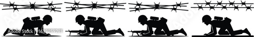 Soldier Crawling Under Barbed Wire Silhouette Icon Vector Set – Military and Training