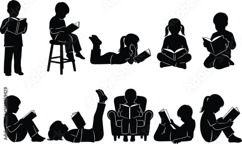 Children reading book silhouettes set, kids sitting, standing, lying down in various reading poses, black vector illustration, education, learning, and study concept