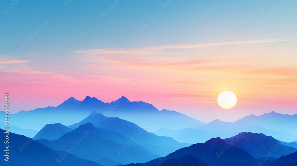 Obraz premium Serene landscape featuring layered mountains under colorful sunset sky, with soft hues of blue, pink, and orange creating tranquil atmosphere