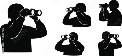 Soldier Looking Through Binoculars Silhouette Icon Vector Set – Military and Observation