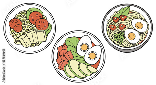 Three overhead views of healthy meal prep bowls: noodles, tofu, eggs, and vegetables.