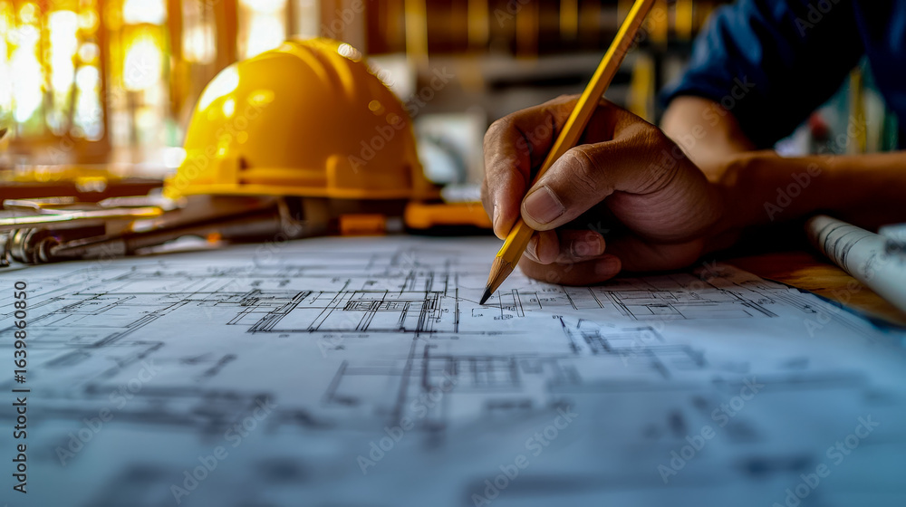 Architect reviewing construction blueprints with safety helmet and tools in a workspace Architect reviewing construction blueprints with safety helmet and tools in a workspace