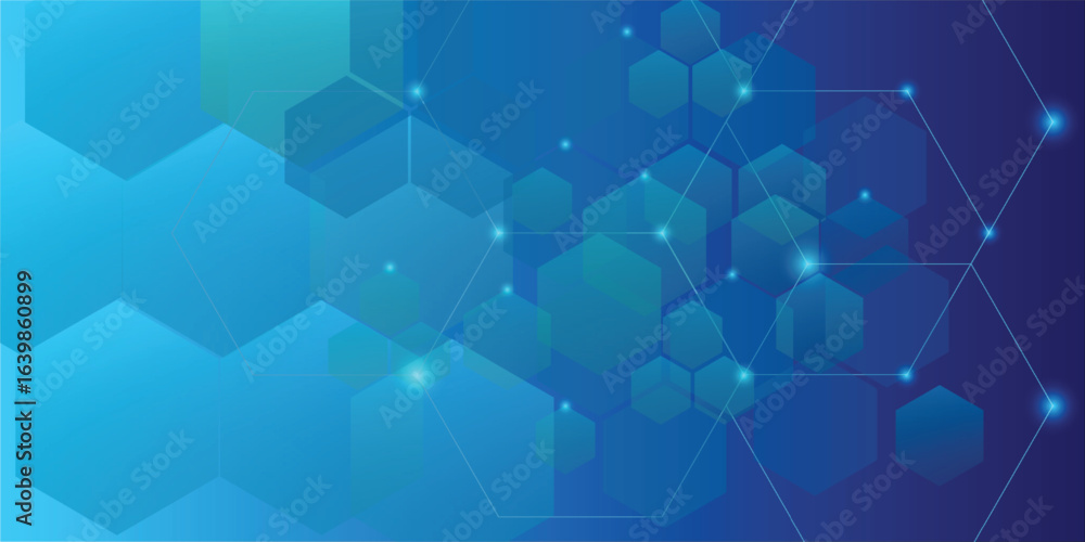 Obraz premium Modern abstract technology background featuring interconnected glowing points and transparent blue hexagonal shapes.
