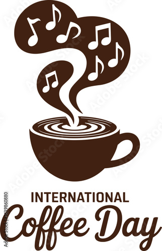 International coffee day illustration featuring a coffee cup with musical notes creatively designed on a white background.