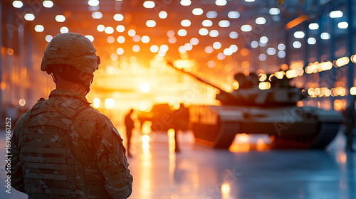 Soldier stands in military facility, observing tank as warm light fills space, creating dramatic atmosphere
