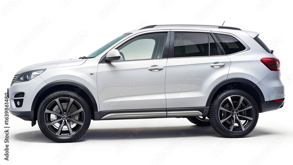 White suv car parked on a white background, showcasing its modern design and sleek exterior profile, perfect for automotive advertising and transport concepts White suv car parked on a white background, showcasing its modern design and sleek exterior profile, perfect for automotive advertising and transport concepts