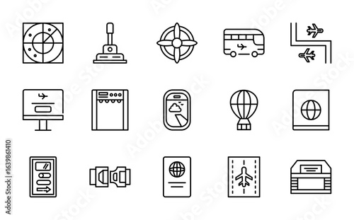 Aviation and airport linear icon set. Airplane, airline, pilot, control tower, travel, boarding pass, flight, luggage, jet, runway, navigation, air traffic vector icon set. UI thin line icon pack