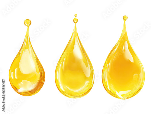 Three glistening, golden-yellow oil drops, varying slightly in size, isolated on a black background.  Each drop displays a smooth, reflective surface and a teardrop shape