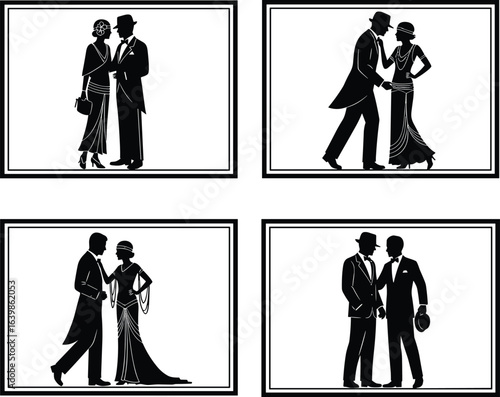Vintage couple silhouettes set, elegant man and woman in 1920s fashion, formal poses, framed black vector illustration, retro romance, classic style concept