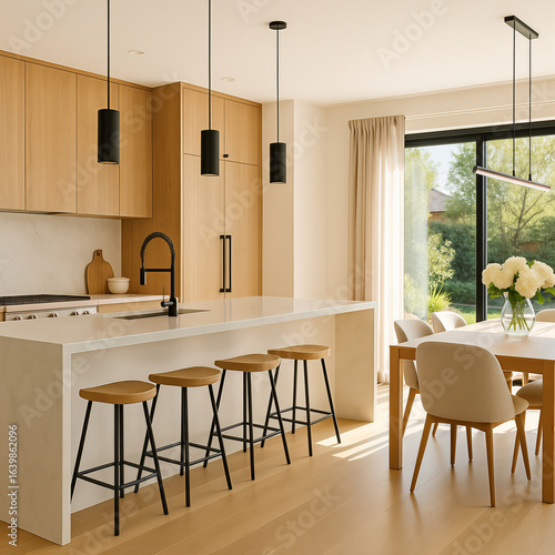 Bright Modern Kitchen and Dining Room with Marble Countertops and Natural Light