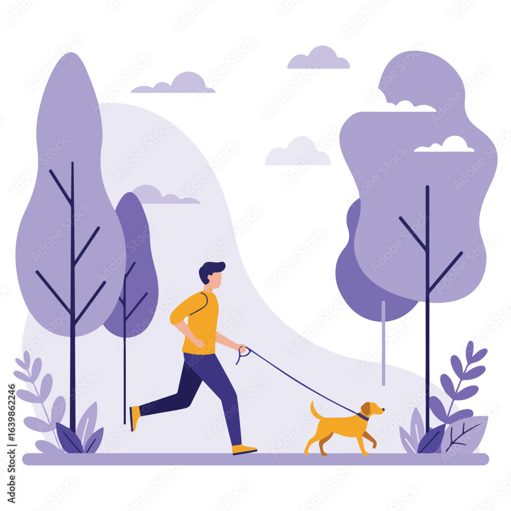 Fototapeta premium Man jogging with dog under tall trees
