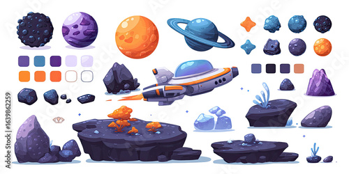 Fototapeta Naklejka Na Ścianę i Meble -  Pixel art collection of space objects, including planets, rocks, crystals, a spaceship, and color palettes