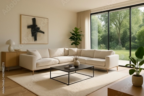 Spacious Modern Living Room with Floor-to-Ceiling Windows and Garden View