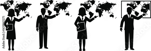 Teacher Pointing to World Map Silhouette Icon Vector Set – Geography and Global Education