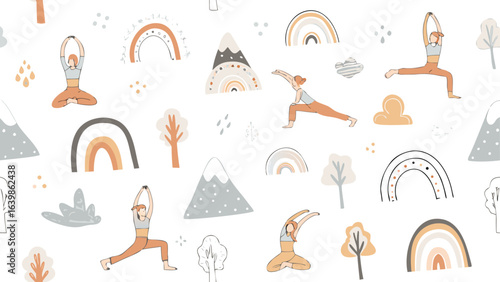 Illustration featuring yoga poses, rainbows, mountains, and trees on a white background in a seamless pattern